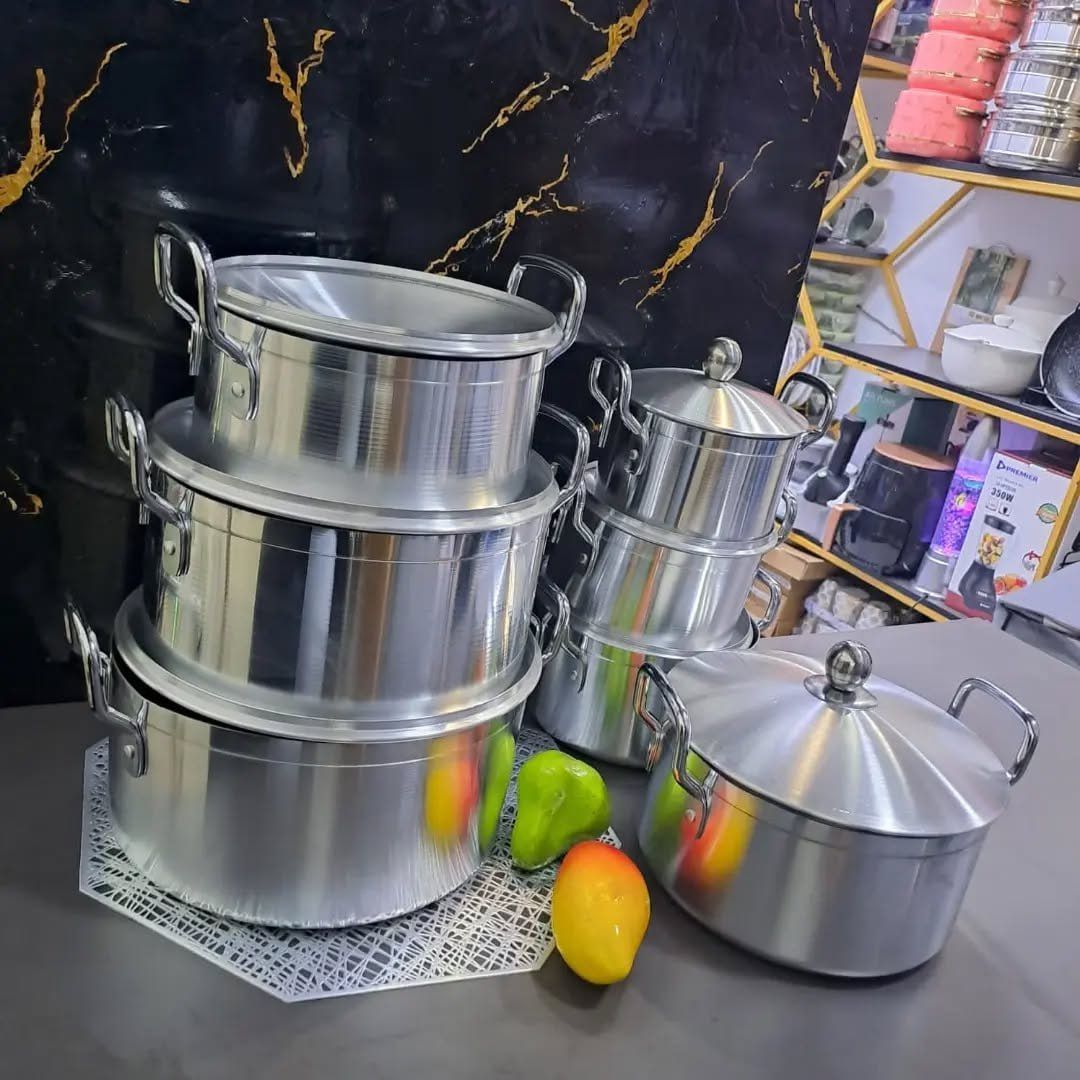 Original 14 PCs (TC) Cookware Aluminum stock pot set with shinny polish interior and exterior Sufurias with FREE, 2 pcs Plastic service Spoons and 1 Scotch