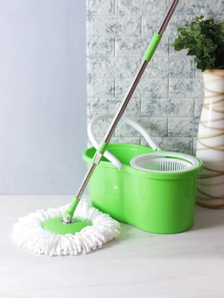 Metallic spin mop with wheels and extra mop cloth; 46× 22 × 26.5cm.360 rotating washable mop No spills, no shock