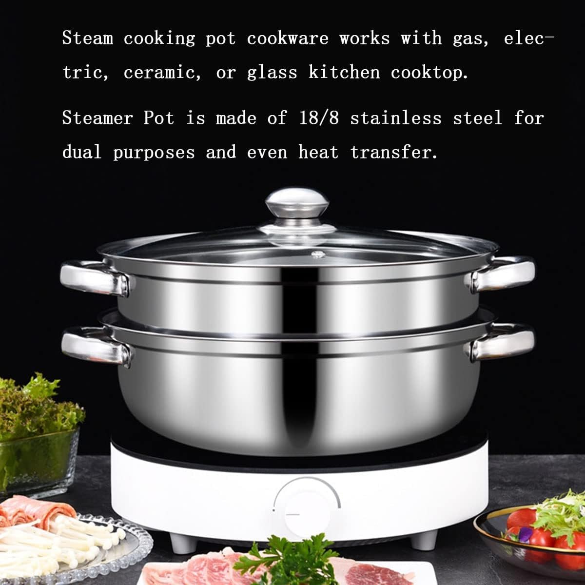 2 Tier Steamer Pot Stainless Steel 2 Ltrs - Steam Pot with Glass Lid Food Vegetable Cooker Pot Cooking Pan Steaming Pot Dim Sum Cookware Steamer For Kitchen Cooking