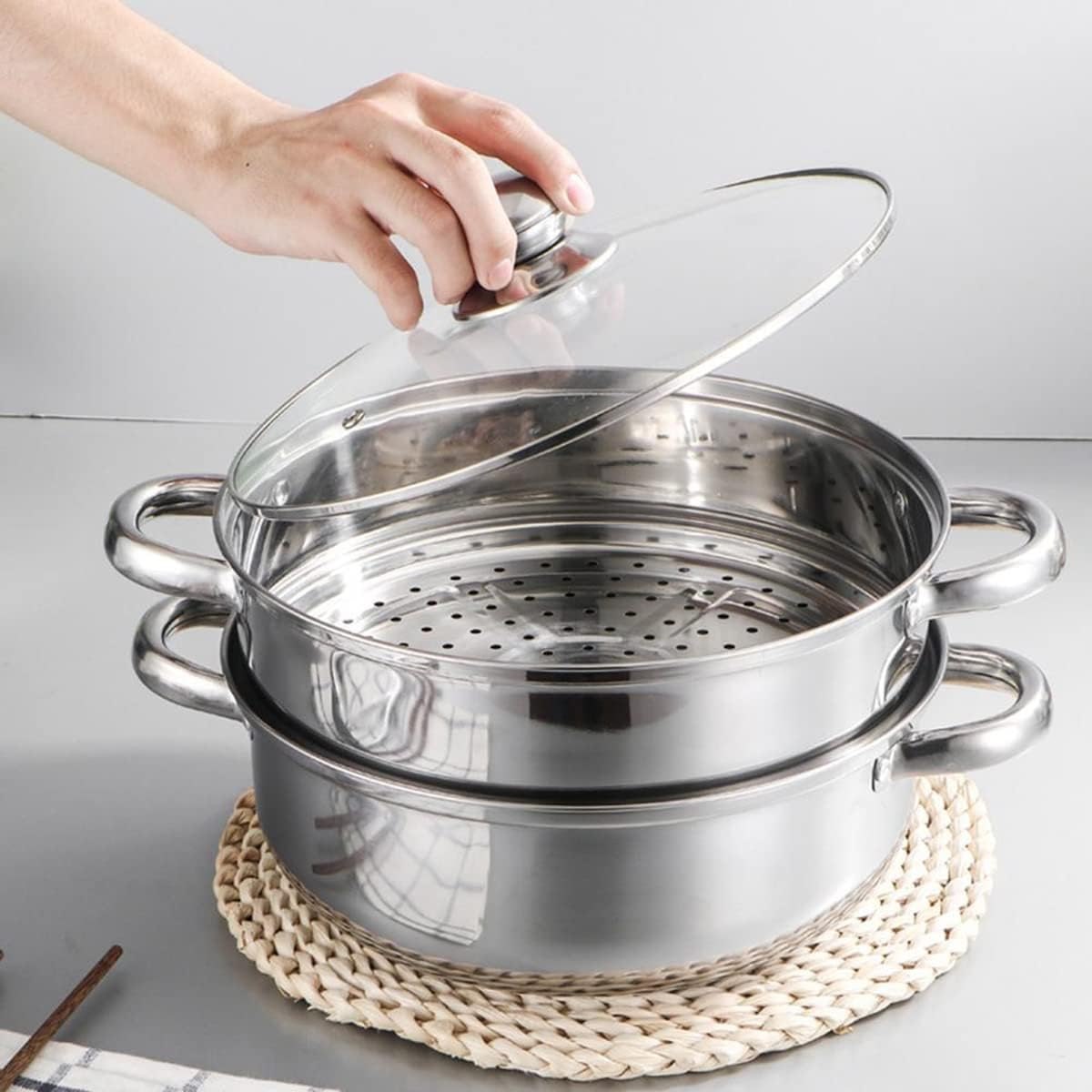 2 Tier Steamer Pot Stainless Steel 2 Ltrs - Steam Pot with Glass Lid Food Vegetable Cooker Pot Cooking Pan Steaming Pot Dim Sum Cookware Steamer For Kitchen Cooking
