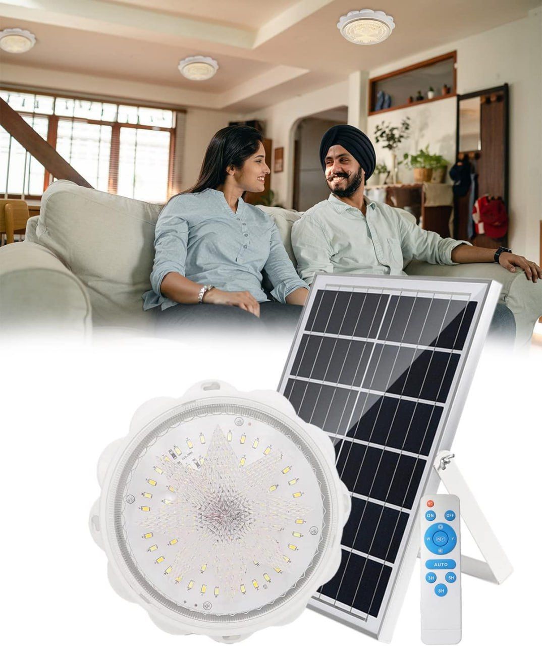 Solar Ceiling / Pendant Lights Indoor Intelligent LED Lamp with Remote Control, 3 Light Color Switching, 1000LM Outdoor Solar Powered Barn Light for Shed, Porch, Patio, Garage