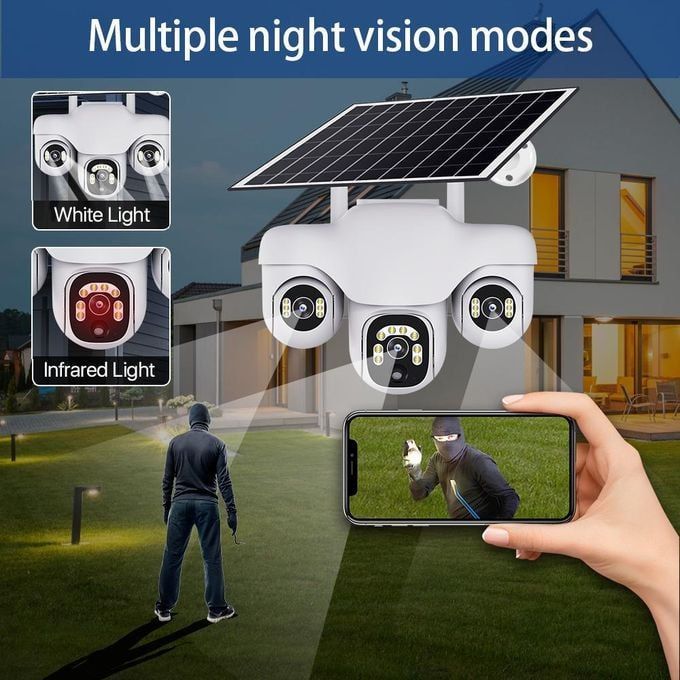 Intelligence Three rotating lenses Triple Lens 4G solar-powered security camera GSM 4G CCTV Camera, Outdoor Security, Motion Tracking, Night Vision, Two-Way Audio Mobile App