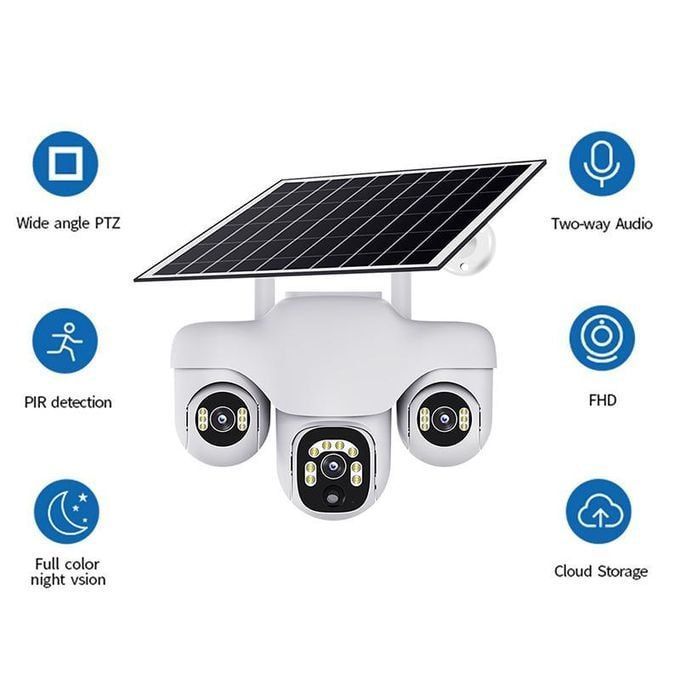 Intelligence Three rotating lenses Triple Lens 4G solar-powered security camera GSM 4G CCTV Camera, Outdoor Security, Motion Tracking, Night Vision, Two-Way Audio Mobile App