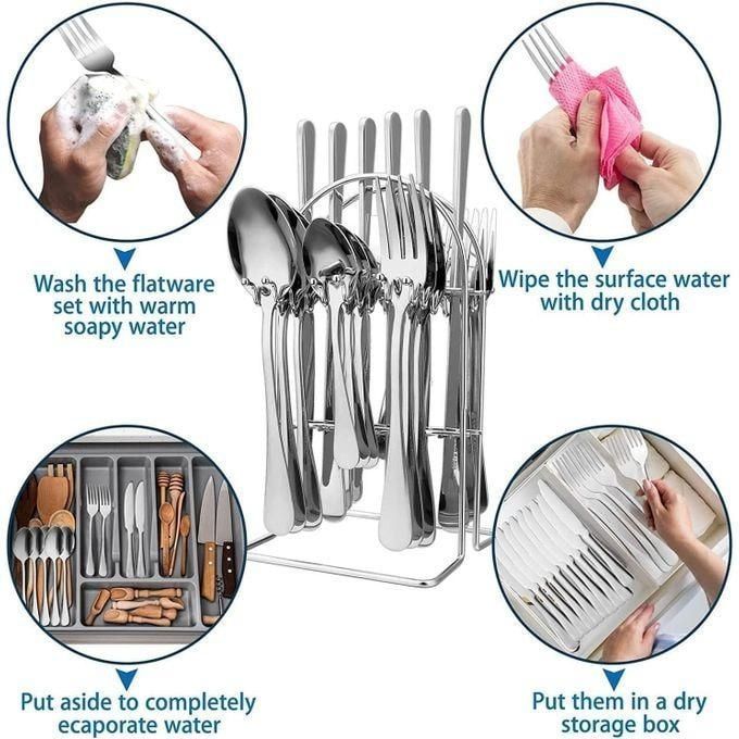 Cutlery Set with Cutlery Stand, Stainless Steel Flatware, 24 Piece Set for Home Kitchen Restaurant Hotel Dinner (Color : Silver)