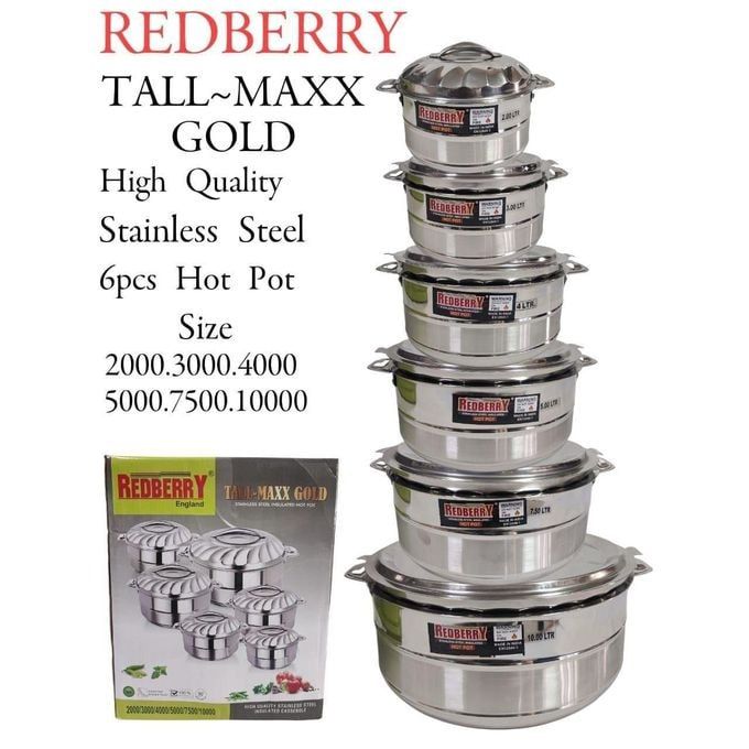 Redberry 6pcs Premier Range Of Insulated Stainless Steel Hotpots Serving Dish Hot Pot Serveware Set Casserole Hotpot (500, 1000, 3500, 5000, 7500 & 10000ML)