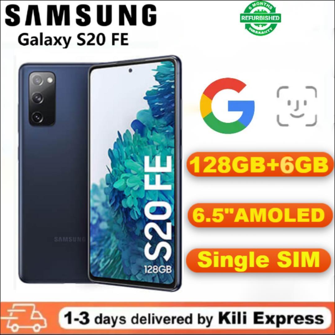 Samsung Galaxy S20 FE 5G Android smartphone. Features 6.5″ display, Snapdragon 865 5G chipset, 4500 mAh battery, 128 GB storage,IP68 certified (dust and water resistant), Gorilla Glass 3,120Hz HDR10+