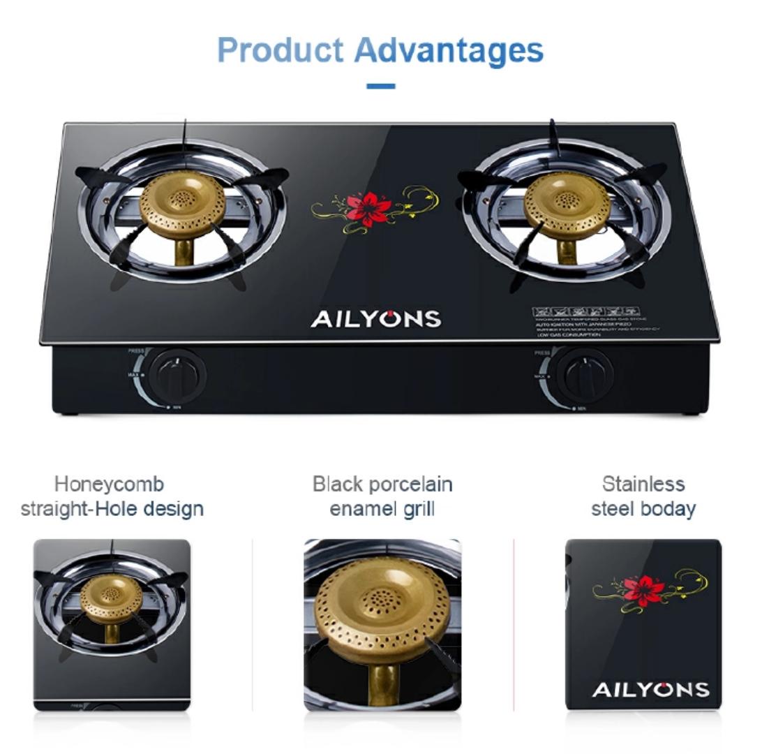 AILYONS GS014-1/GS005A-1 Glass Top Infrared Double Burner Gas stove Super Infrared Heater Saving Gas cooker/ 2300W Double Cooking Plate Stove Gas Ring Hot Plate Cooker【HOT】