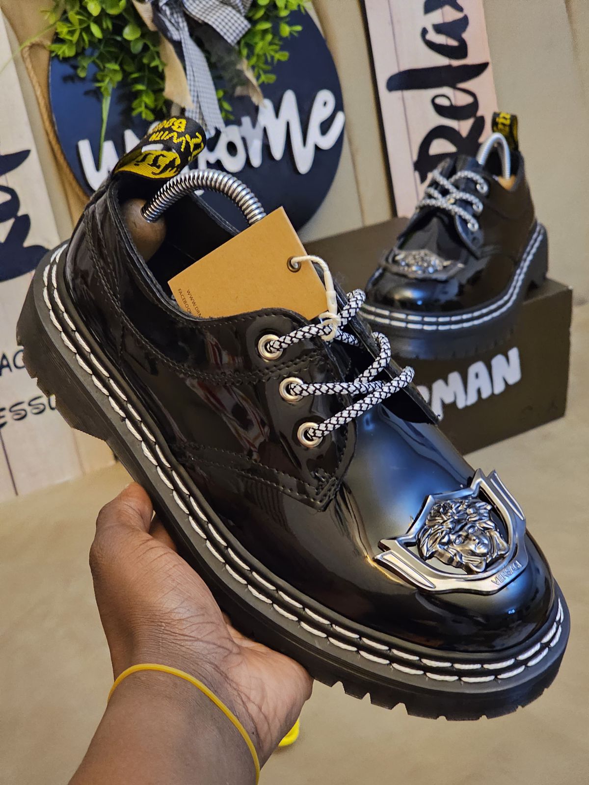 🔥 Original Leather Dr Marten black patent leather-style lace-up shoes with a thick, (Dr Martin)lugged sole and a metallic embellishment on the vamp.  very comfortable and classy official cassual loe