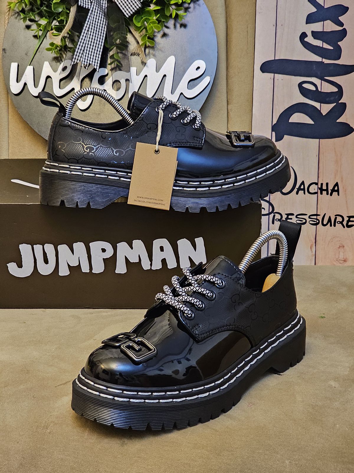 🔥 Original Leather Dr Marten black patent leather-style lace-up shoes with a thick, (Dr Martin)lugged sole and a metallic embellishment on the vamp.  very comfortable and classy official cassual loe