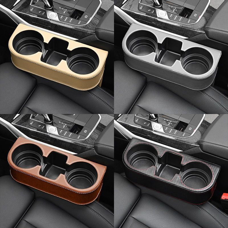 Car Cup Holder with Phone Slot & Dual Side Holders | Premium Leather Cover Car Seat Organizer for Cups, Wallet, Phone, Cables – Universal Fit