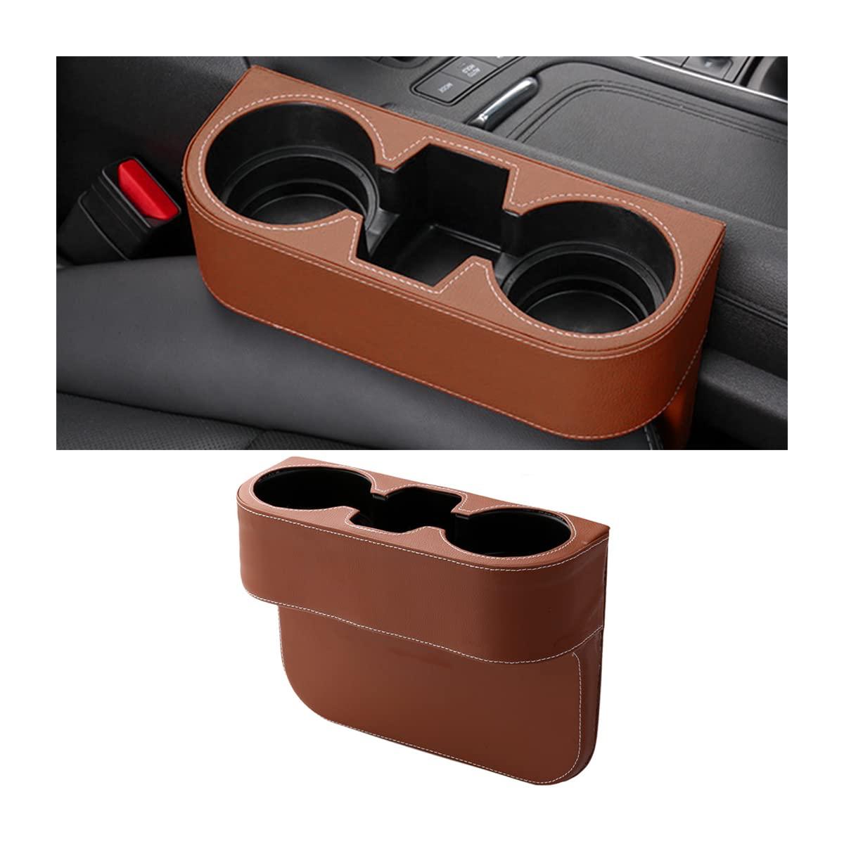 Car Cup Holder with Phone Slot & Dual Side Holders | Premium Leather Cover Car Seat Organizer for Cups, Wallet, Phone, Cables – Universal Fit