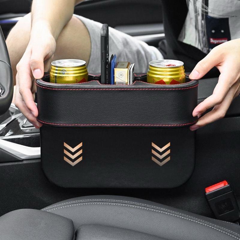 Car Cup Holder with Phone Slot & Dual Side Holders | Premium Leather Cover Car Seat Organizer for Cups, Wallet, Phone, Cables – Universal Fit