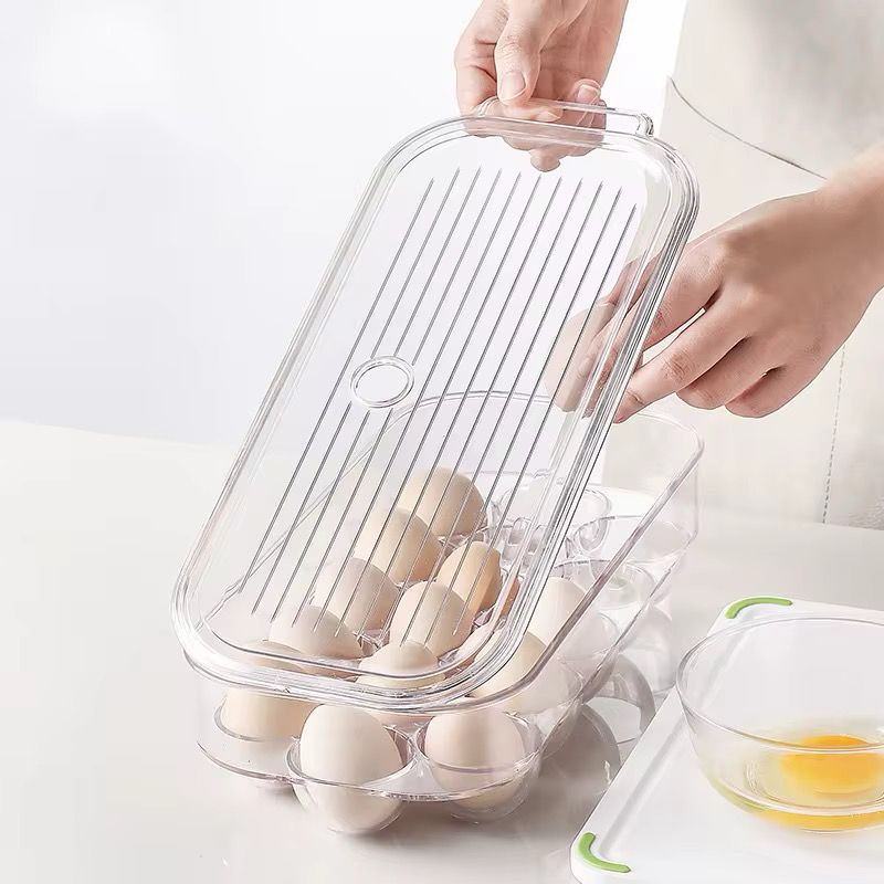 16-Grid Acrylic Egg Holder with Handle & Lid – Stackable Fridge Organizer Tray for Eggs | Durable, Transparent Storage for Kitchen & Refrigerator