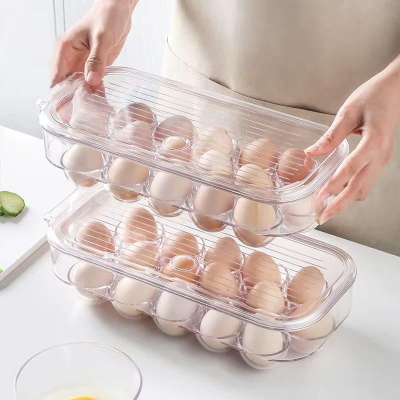 16-Grid Acrylic Egg Holder with Handle & Lid – Stackable Fridge Organizer Tray for Eggs | Durable, Transparent Storage for Kitchen & Refrigerator