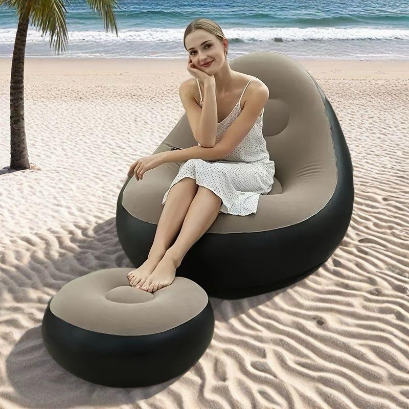 Inflatable Deluxe Lounge Seat with Footrest & Free Manual Pump (2pcs Set) | Portable Inflatable Recliner for Home, Balcony, Camping – 116×98×83cm + 62×62×31cm