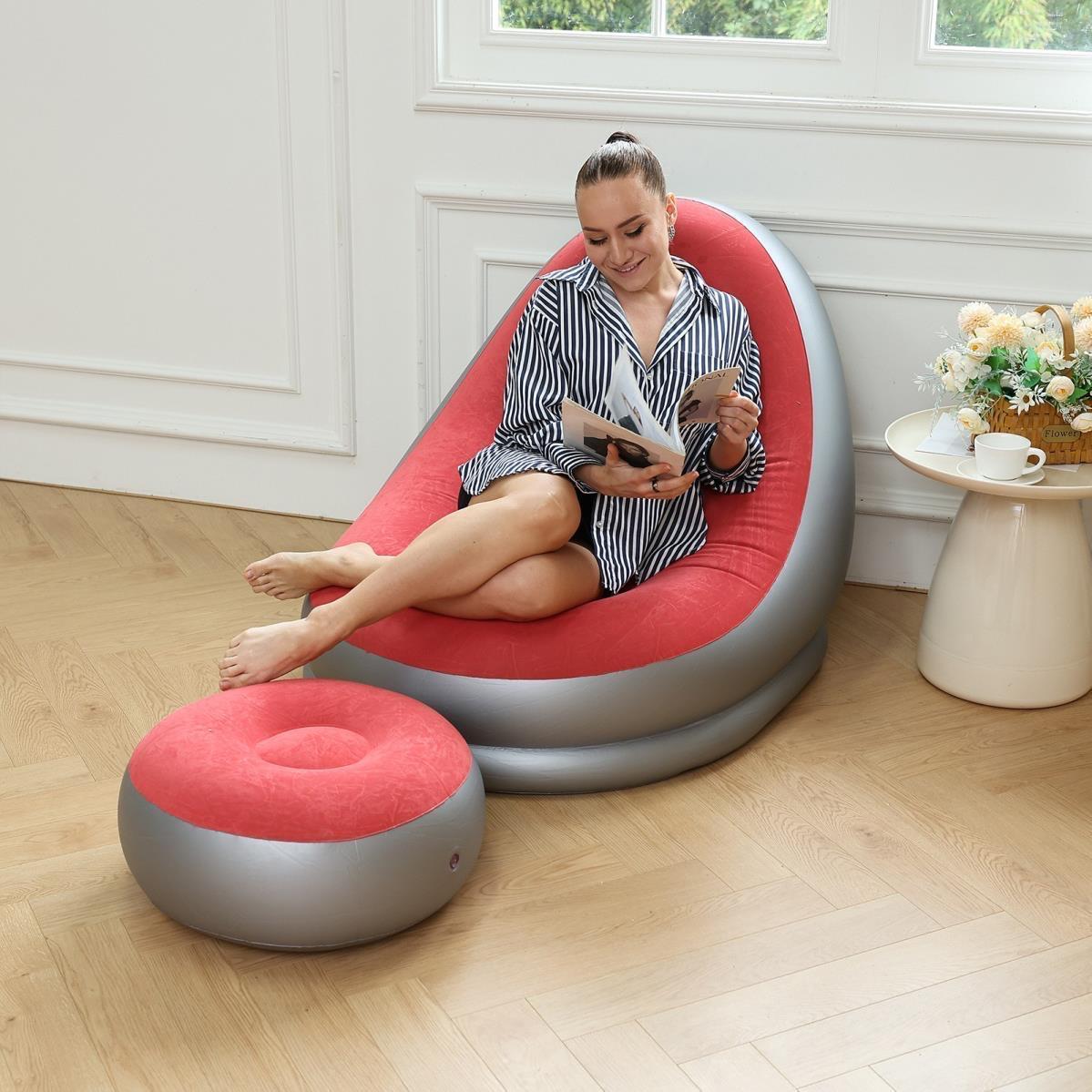 Inflatable Deluxe Lounge Seat with Footrest & Free Manual Pump (2pcs Set) | Portable Inflatable Recliner for Home, Balcony, Camping – 116×98×83cm + 62×62×31cm