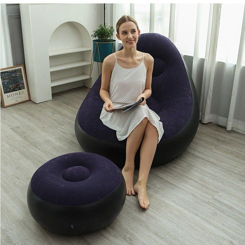 Inflatable Deluxe Lounge Seat with Footrest & Free Manual Pump (2pcs Set) | Portable Inflatable Recliner for Home, Balcony, Camping – 116×98×83cm + 62×62×31cm