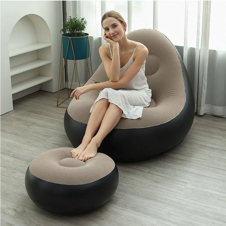 Inflatable Deluxe Lounge Seat with Footrest & Free Manual Pump (2pcs Set) | Portable Inflatable Recliner for Home, Balcony, Camping – 116×98×83cm + 62×62×31cm