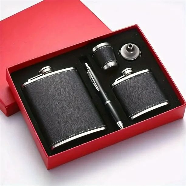 2 Whiskey Flasks with 1 Tot Cup, 1 Funnel & a Pen Gift Set