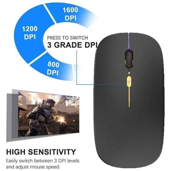 Rechargeable RGB Wireless Mouse – Silent Click, Dual-Mode Bluetooth 5.0 + 2.4G, Ergonomic Slim Design, Adjustable DPI, LED Backlit for Laptop & PC
