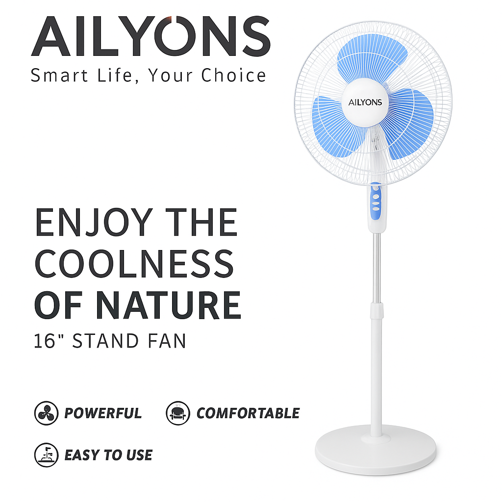 Ailyons 16-Inch Standing Fan FS-1801 – 60W Powerful Motor, 3 Speed Settings, Oscillation Function, Adjustable Height, and Energy-Saving Design for Home & Office Cooling