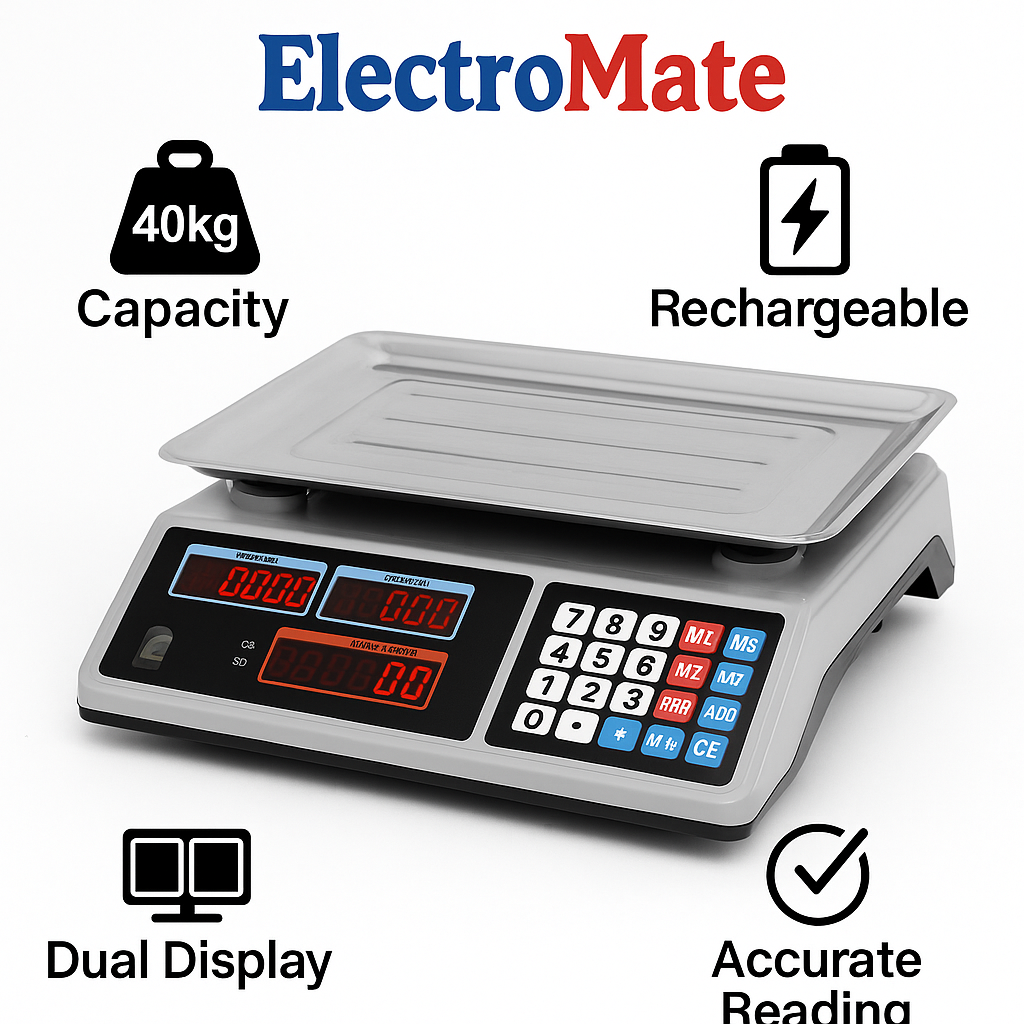 ElectroMate 40kg Digital Price Computing Weighing Scale – High Precision Retail Food Market Scale with Dual Display, Rechargeable Battery & Durable Stainless Steel Platform
