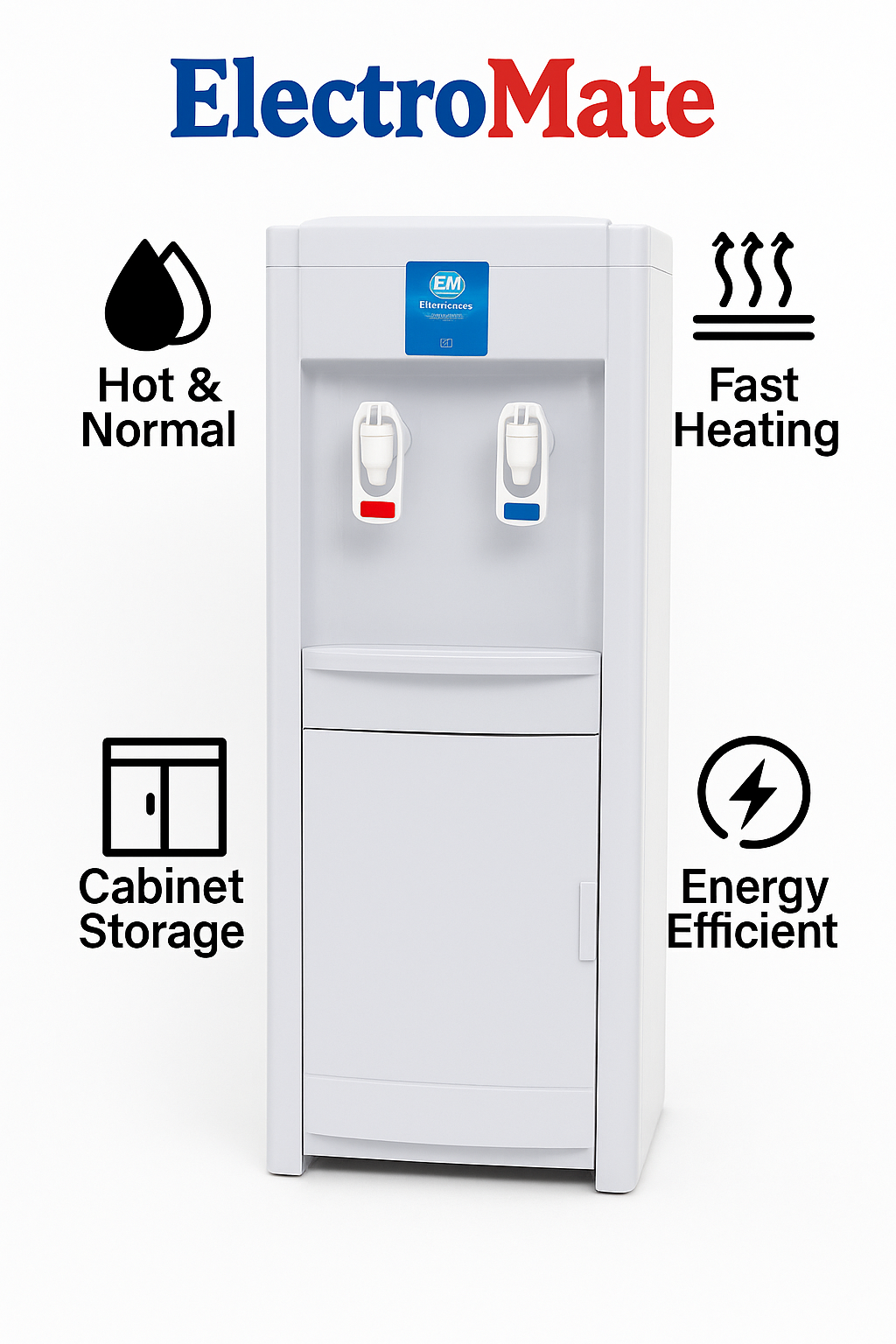 ElectroMate Hot & Normal Water Dispenser – Efficient Tabletop/Standing Dispenser with Dual Tap, Fast Heating, and Compact Cabinet Storage – Ideal for Home & Office Use