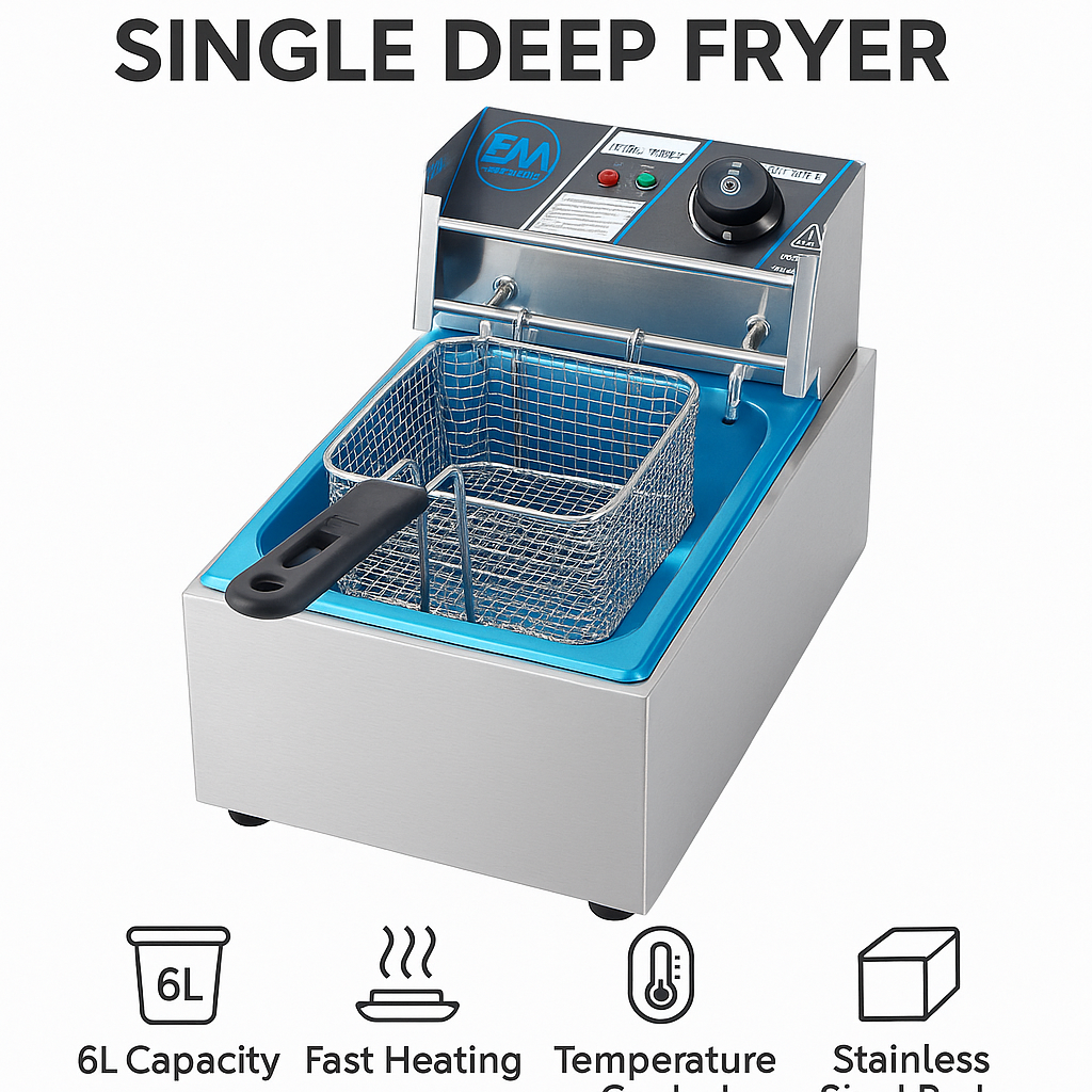 ElectroMate Single Deep Fryer – 6L Commercial Electric Deep Fryer with Adjustable Thermostat, Stainless Steel Tank & Cool-Touch Handle – Ideal for Chips, Chicken & Snacks