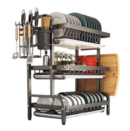 3-Tier High-Quality Carbon Steel Dish Rack – Heavy-Duty Kitchen Organizer with Utensil Holder, Chopping Board Stand & Drip Tray | Rust-Resistant, Space-Saving Multi-Layer Drying Rack for Countertops