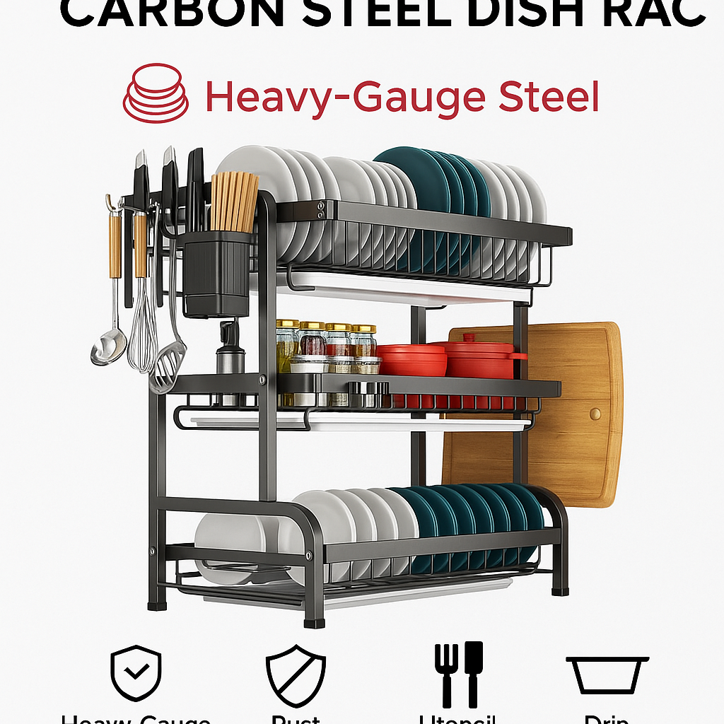 3-Tier High-Quality Carbon Steel Dish Rack – Heavy-Duty Kitchen Organizer with Utensil Holder, Chopping Board Stand & Drip Tray | Rust-Resistant, Space-Saving Multi-Layer Drying Rack for Countertops