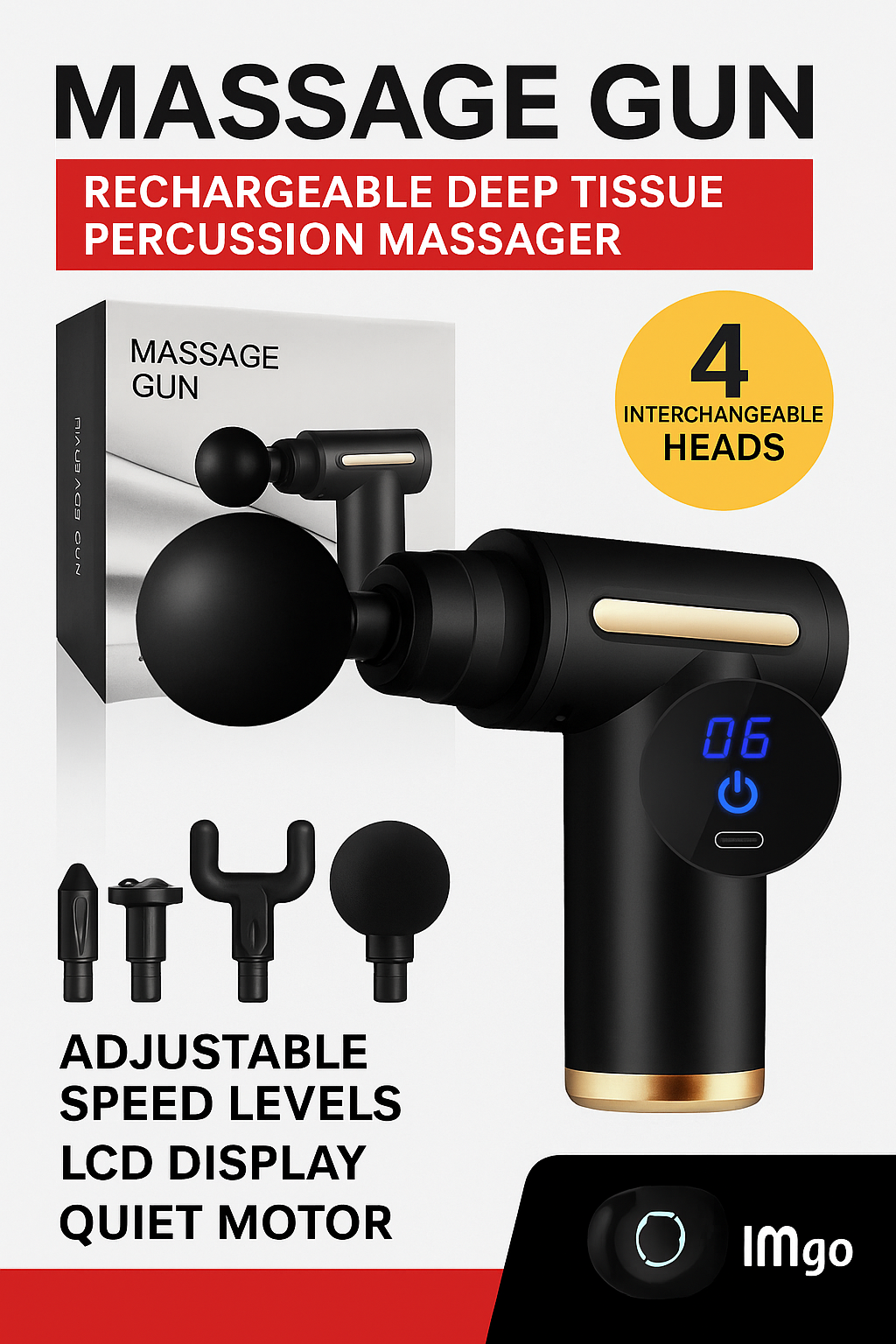 Rechargeable Deep Tissue Massage Gun with LCD Display, 4 Interchangeable Heads, Adjustable Speed Levels & Quiet Brushless Motor – Full Body Muscle Relaxation & Pain Relief