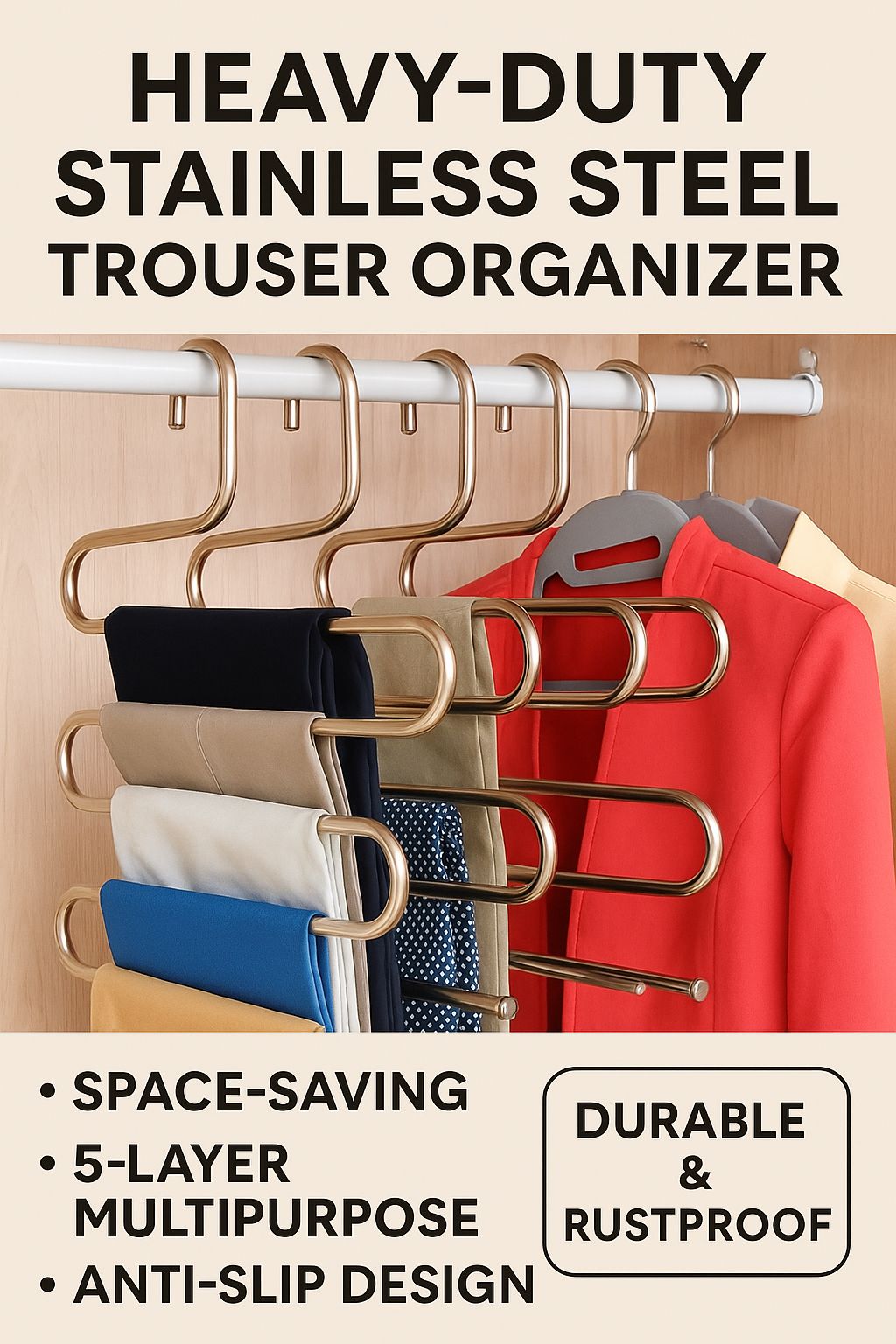 Heavy-Duty Stainless Steel Space-Saving Trouser Organizer Multifunctional Closet Hanger for Pants, Scarves & Clothes – 5-Layer Anti-Slip Multipurpose Wardrobe Storage Rack