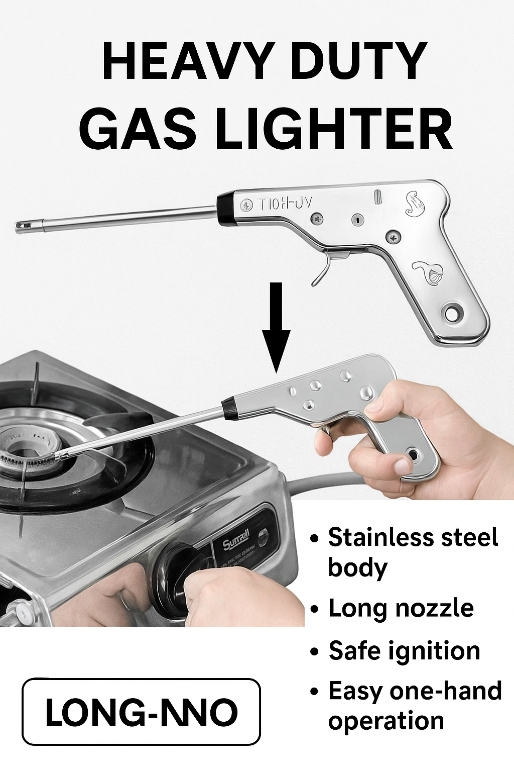 Heavy-Duty Stainless Steel Gas Lighter for Gas Cooker – Long Nozzle Automatic Ignition, Durable Spark Lighter for Kitchen Stoves, Safe & Easy One-Hand Operation