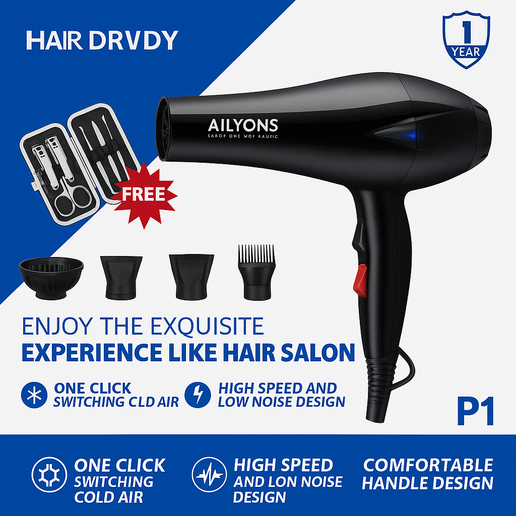 AILYONS Professional Hair Dryer P1 with Cold/Hot Air, High-Speed Low-Noise Motor, 4 Nozzles & Free Grooming Kit – Powerful Blowdry for Home & Salon Hair Styling