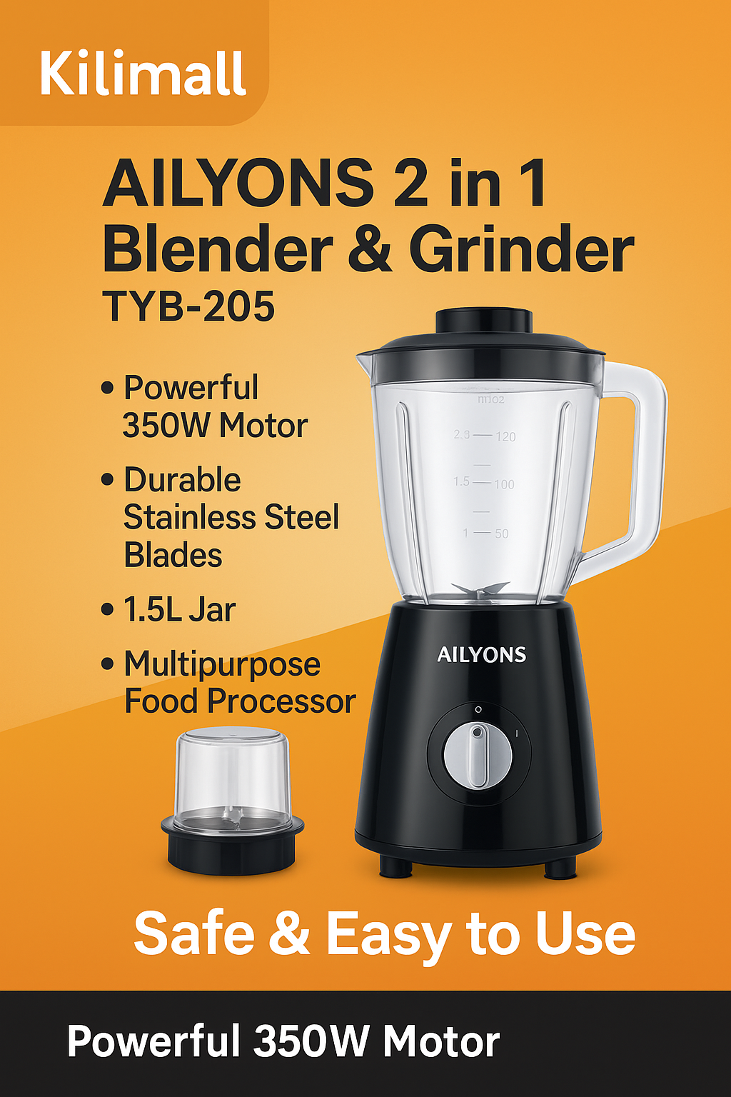 Ailyons 2-in-1 Blender & Grinder TYB-205 – Powerful 350W Motor, Durable Stainless Steel Blades, 1.5L Jar, Multipurpose Food Processor for Smoothies, Juices, Spices & Baby Food – Safe & Easy to Use