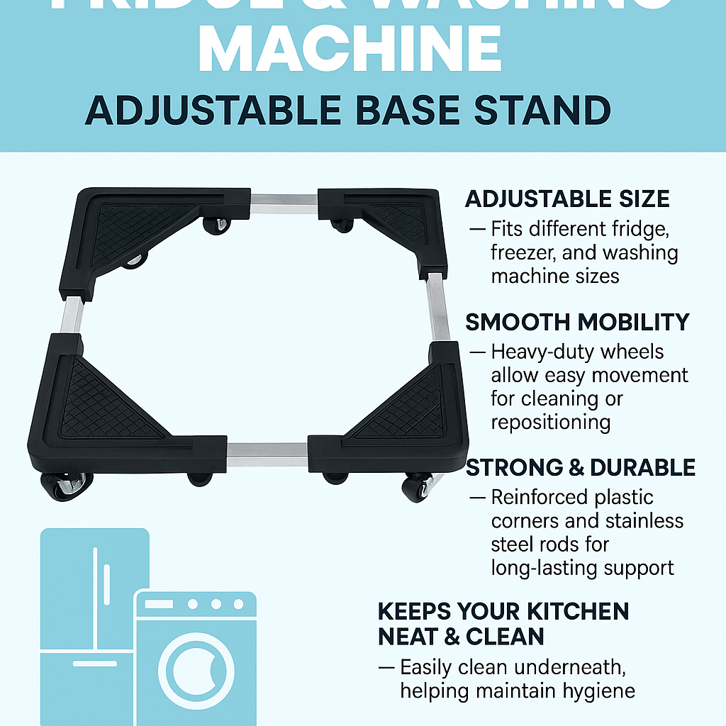 Adjustable Fridge and Washing Machine Stand Base with Heavy-Duty Wheels | Universal Size Adjustable Appliance Trolley for Fridges, Freezers, Washers & Cookers | Anti-Vibration, Durable & Easy to Move