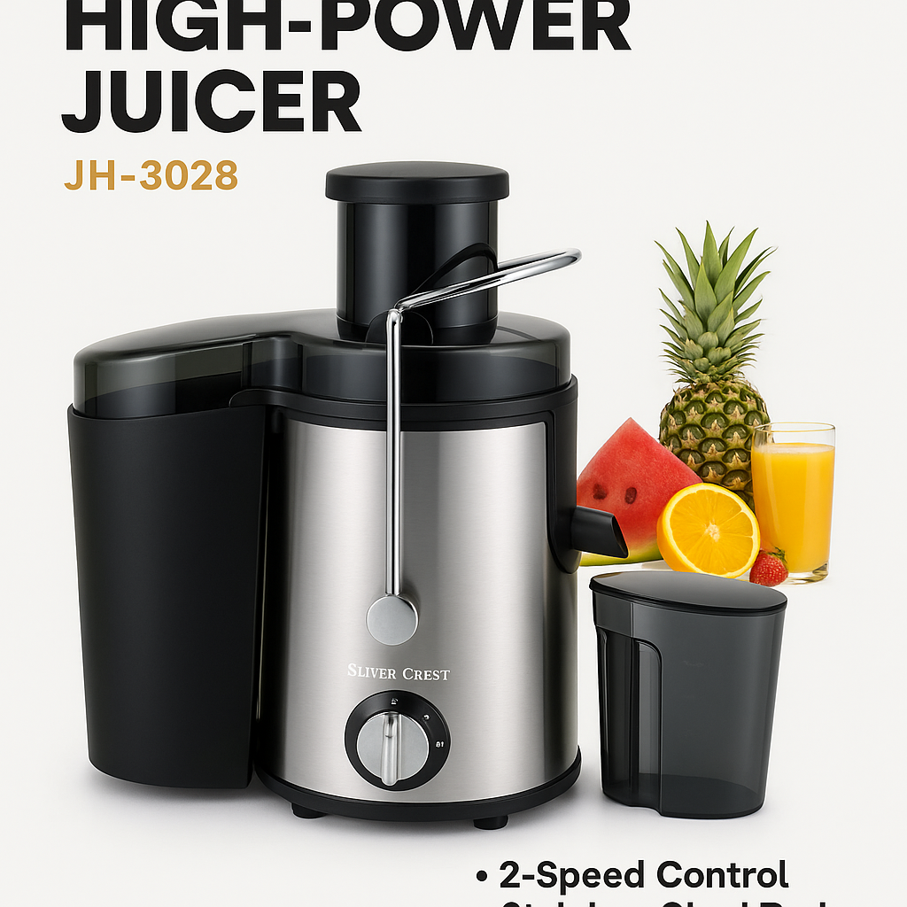 Silver Crest High-Power Juicer Extractor JH-3028 | 2-Speed Heavy-Duty Fruit & Vegetable Juicer | Stainless Steel Body, Large Feeding Tube, Easy to Clean & Fast Juice Extraction