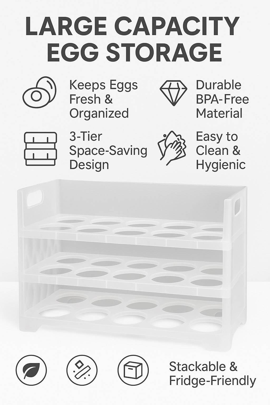 3-Tier Large Capacity Egg Tray Organizer – BPA-Free Fridge Egg Storage Rack | Stackable, Space-Saving Kitchen Organizer for Fresh Eggs | Transparent Plastic Egg Holder for Home Refrigerator