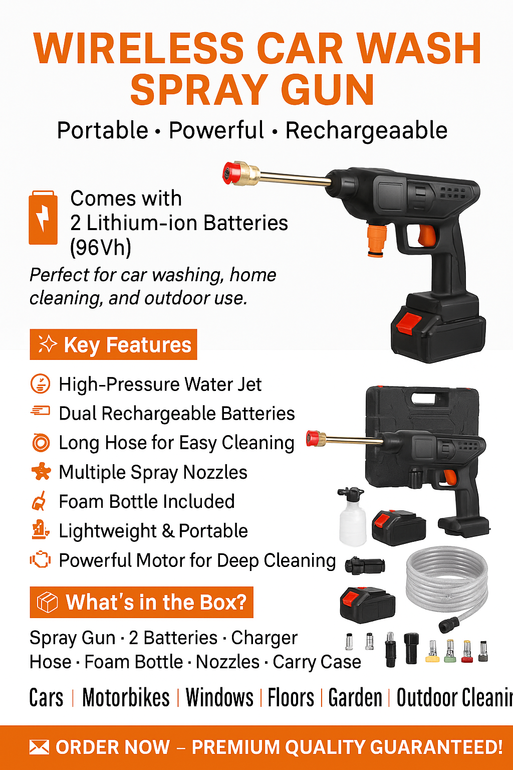 Wireless Car Wash Spray Gun Machine | 96Vh Portable High-Pressure Washer with 2 Lithium Batteries, Long Hose, Foam Bottle & Multi-Nozzle Kit for Car, Home, Garden & Outdoor Cleaning