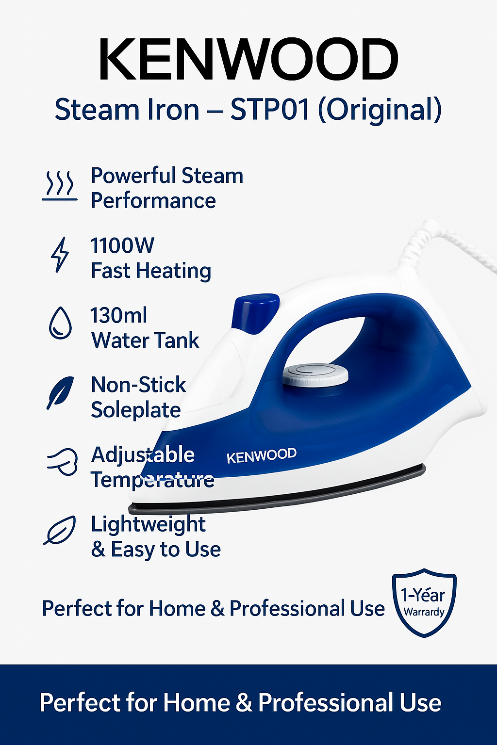 Kenwood Steam Iron STP01 Original – 1100W Fast Heating, 130ml Water Tank, Non-Stick Soleplate, Adjustable Temperature, Steam & Spray Function, Lightweight Design for Home Use