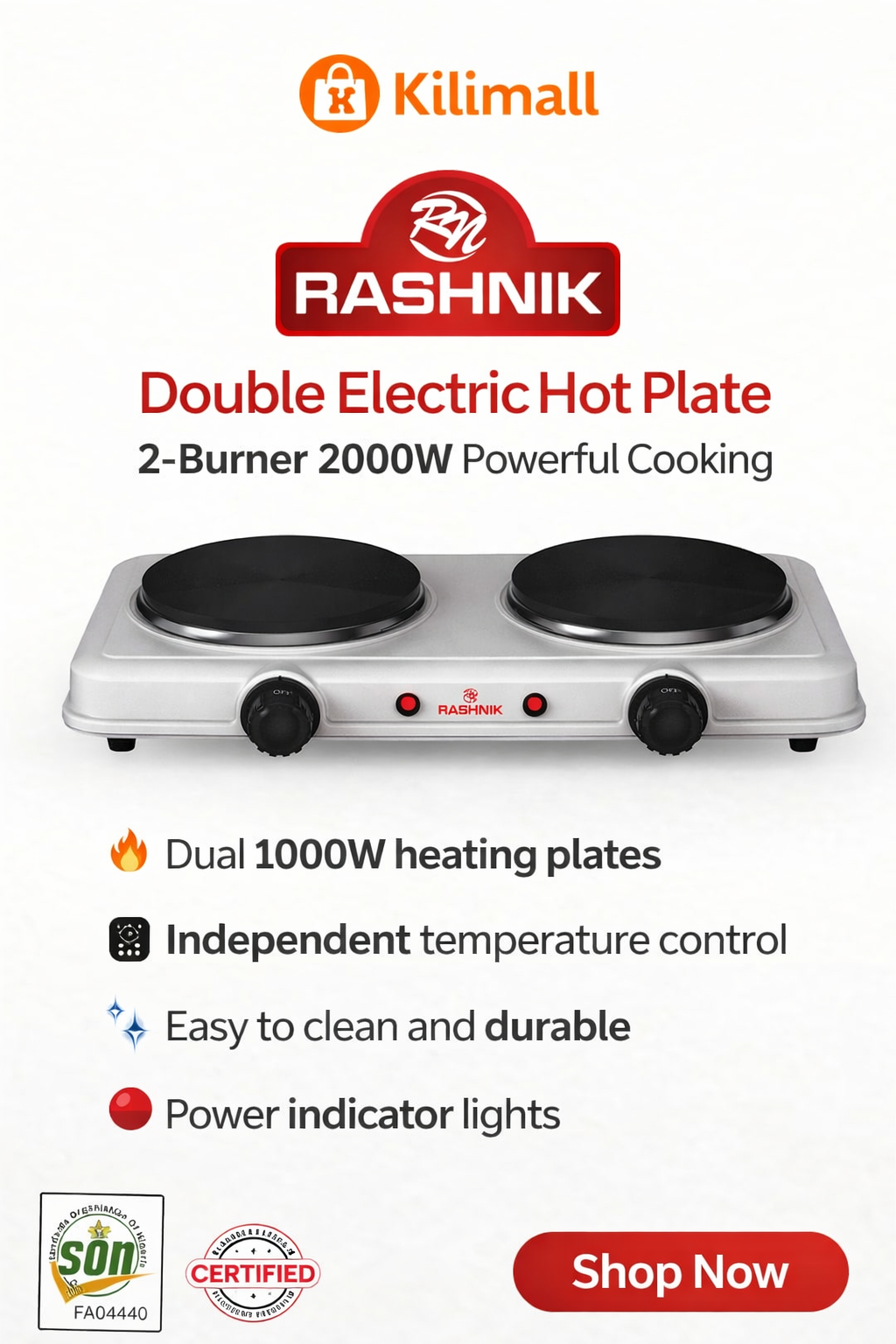 Rashnik Double Electric Hot Plate 2000W – Dual Burner Tabletop Cooker with Independent Temperature Control, Energy Efficient Electric Stove for Home, Office, Hostel & Commercial Use