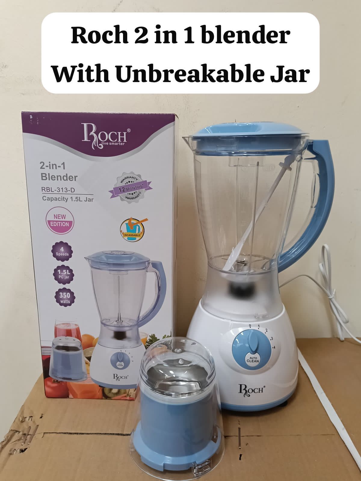 Roch 2 in 1 Blender Grinder – Powerful Electric Blender with Dry Grinder Jar for Smoothies, Spices, Nuts & Everyday Kitchen Food Preparation