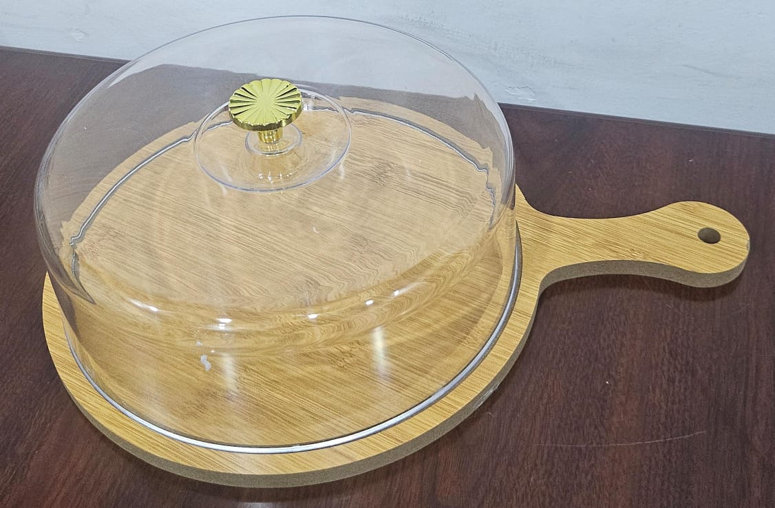 🍋30cm bamboo tray with handle + acrylic dome cover for food bread cake fruits storage now available  in 2 wooden base designs
