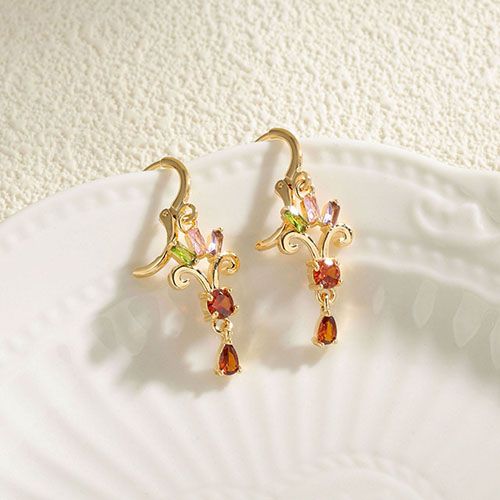 European and American tassel colored zircon fan-shaped earrings decoration female personality small fresh geometric hollow earrings ear buckles