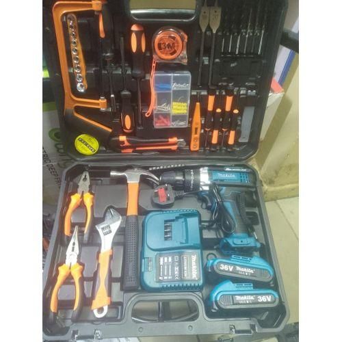 Makita Multifunctional DIY Household And Professional electric drill tool set-hardware toolbox electrician woodworking repair tool combination set, With 36v Cordless Drill with Drilling and Impact Fun