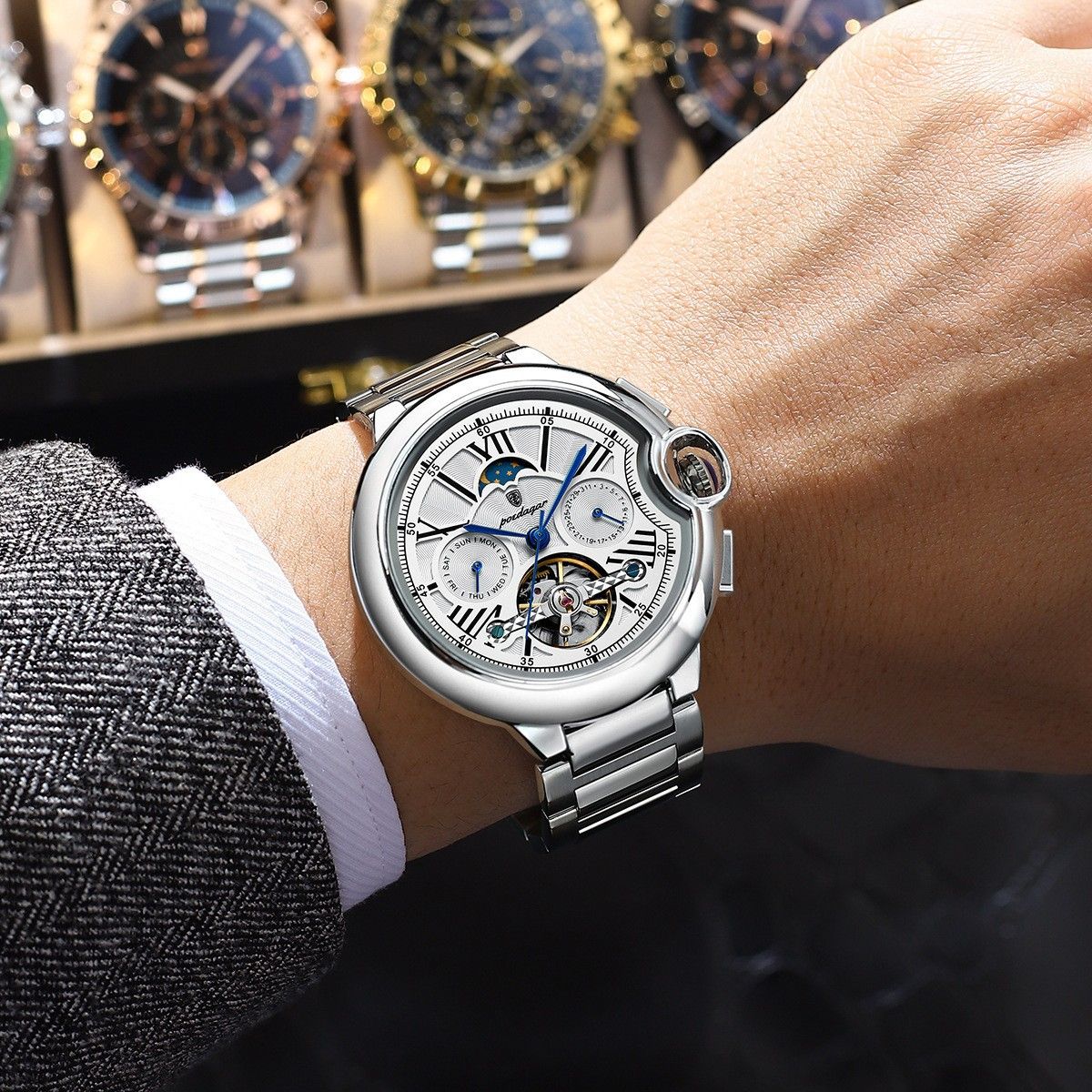 POEDAGAR Official Certified Product 2025 New Men's Mechanical Watch Multi-functional Waterproof Trendy Wristwatch