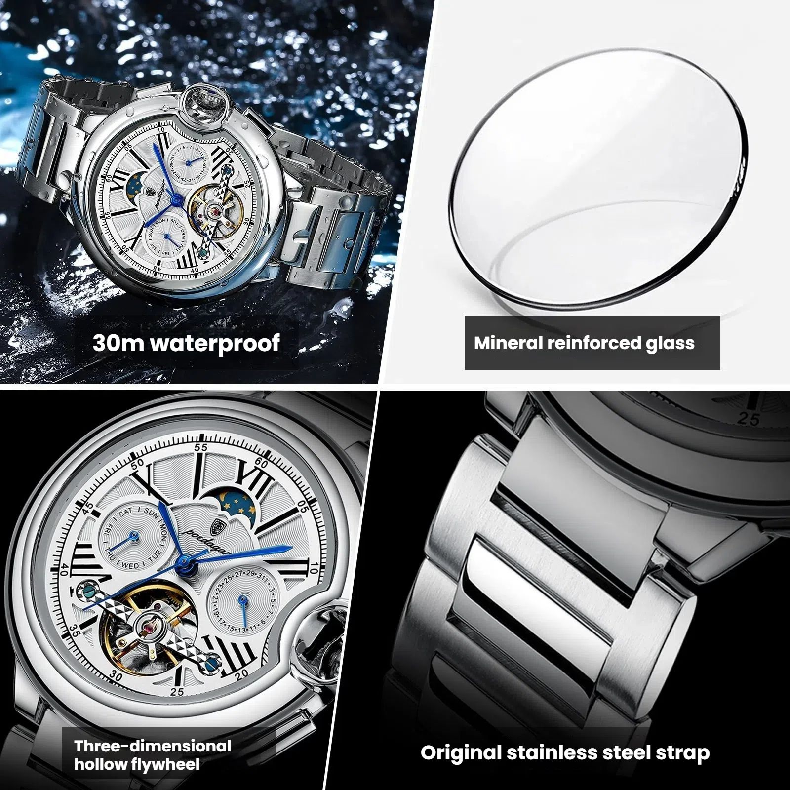 POEDAGAR Official Certified Product 2025 New Men's Mechanical Watch Multi-functional Waterproof Trendy Wristwatch
