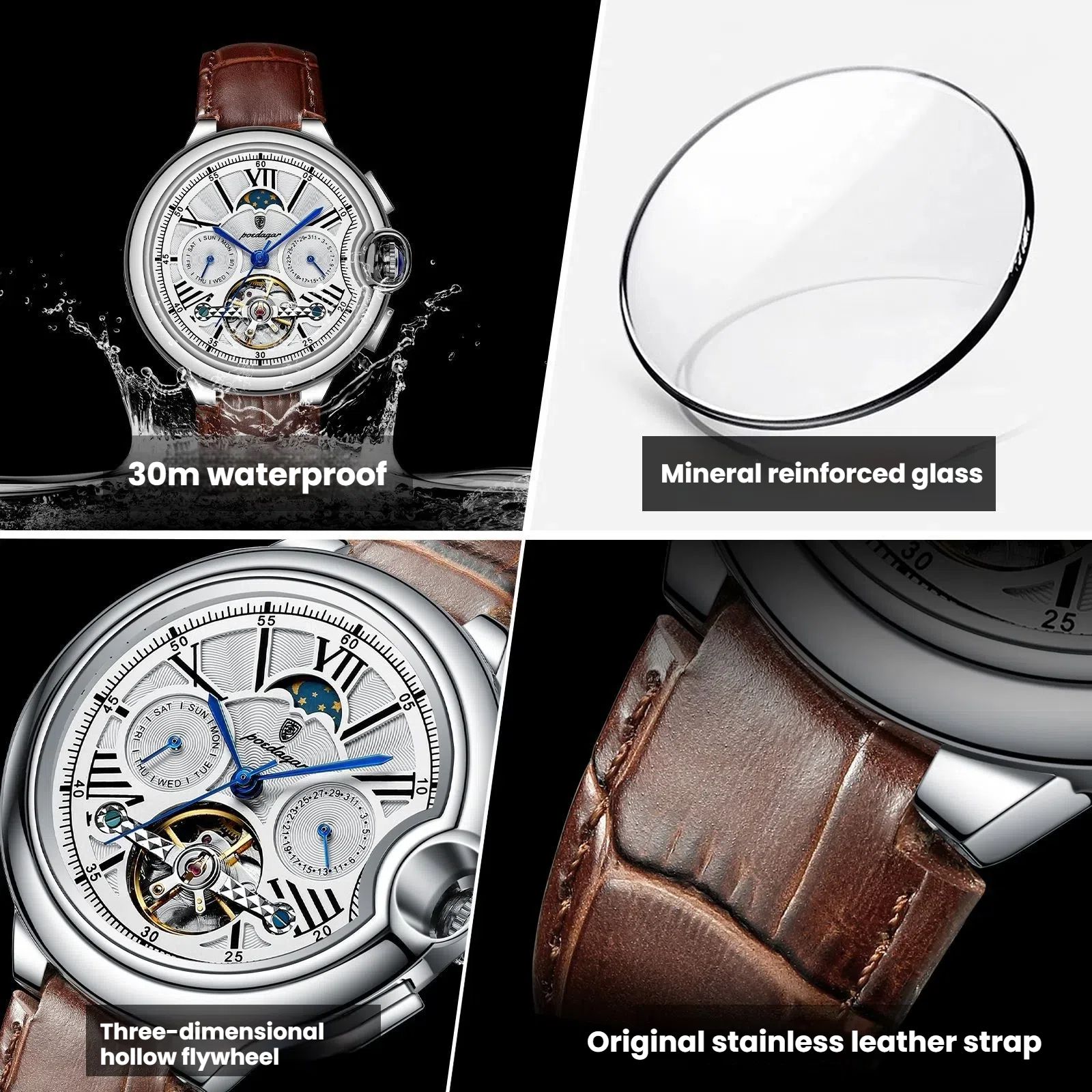 POEDAGAR Official Certified Product 2025 New Men’s Mechanical Watch Waterproof Men's Automatic Tourbillon Wristwatch