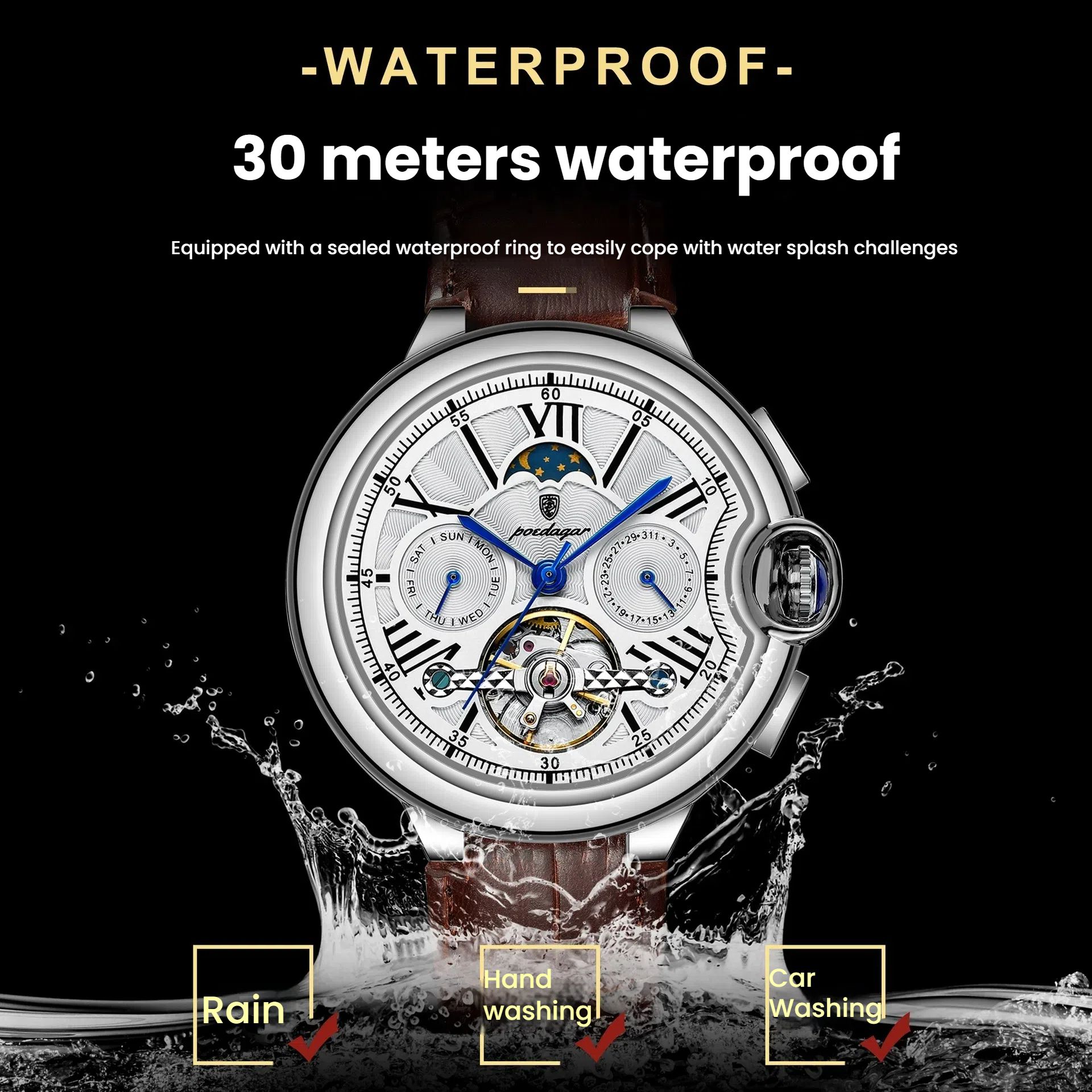 POEDAGAR Official Certified Product 2025 New Men’s Mechanical Watch Waterproof Men's Automatic Tourbillon Wristwatch