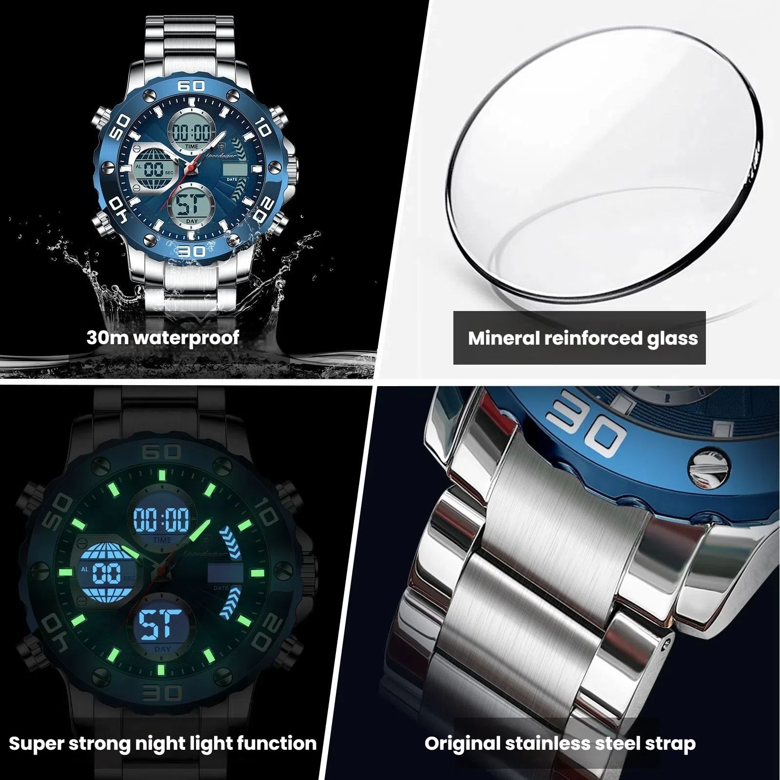 POEDAGAR Official Certified Product 2025 New dual display electronic watch for men; multi-functional luminous watch